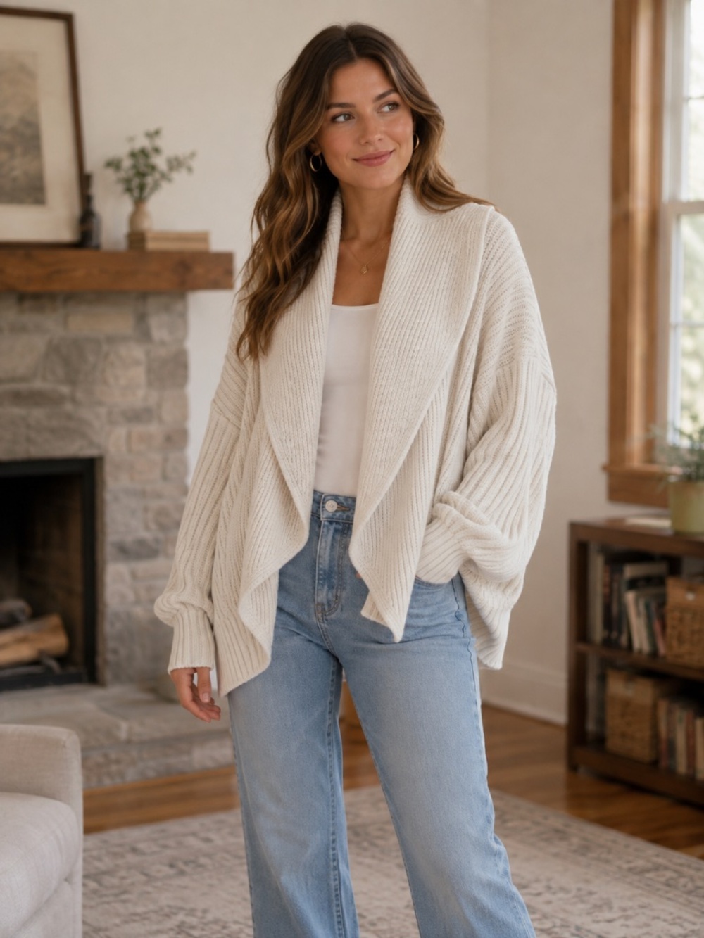 100% cotton BR chunky knit waterfall open cardigan/sweater M ribbed slouchy boxy